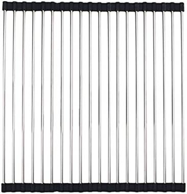 AllSpes Folding Dish Drainer SUS304 Stainless Steel Over Sink Kitchen Roll-Up Dish Drying Rack Multipurpose Black,37 x 39 cm