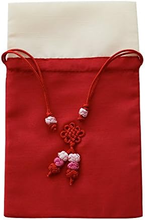 Silk jewellery pouch, travel jewelry bag with drawstring, hand knotted decoration. Large. Red & Beige