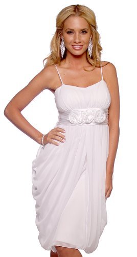 Sexy Sheer Ruched Designer Empire Waist Cocktail Evening Dress - White Rose - Small