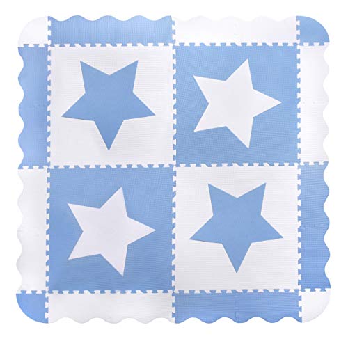 Preisvergleich Produktbild Große, weiß, ineinandergreifende Babyspielmatte aus Schaum mit sternen blau – Spielmatten mit Kanten. Jede Fliese 60 x 60 cm. Insgesamt 1,5m2