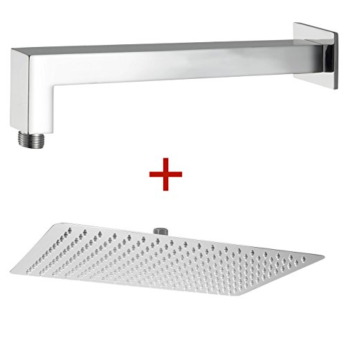 Komplettset - Flacher schwenkbarer eckiger massiver Regenduschkopf 300x400mm mit 234 Anti Kalk Wasserdüsen inkl. Wandrohr - aus Metall