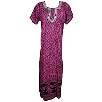 Mogul Interior Womens Caftan Nightgown Pink Cotton Embroidered Maxi Kaftan House Dresses L