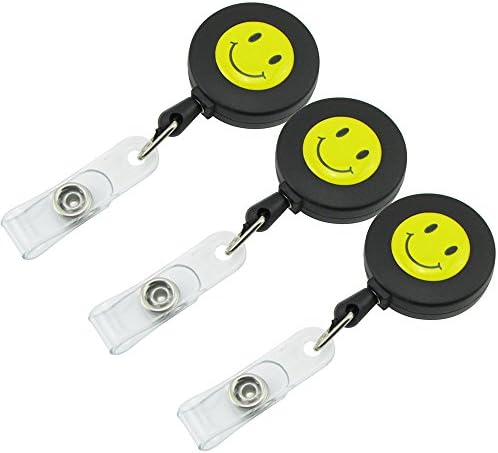 Smiley Face Plastic Retractable ID Badge Reels for ID Badge Holders, Black - Pack of 3