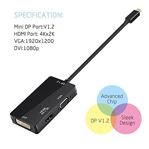 ESYNiC 4K x 2K 3 in 1 Mini DisplayPort Adapter Displayport 1.2 zu DVI VGA HDMI Kabel Konverter für MacBook MacBook Pro iMac MacBook Air Mac mini Surface pro 1 2 3 ThinkPad Carbon X1 – Schwarz - 5