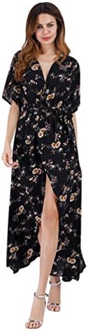 NiSengs Women V Neck Bohemia Beach Dress Floral Print Maxi Long Dress Summer Short Sleeve Holiday Dress Black &amp; Yellow Flower M