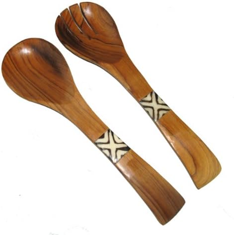 Kisii Olive Wood Salad Servers Pair African Handcrafted Design 12 inch / 30 cm