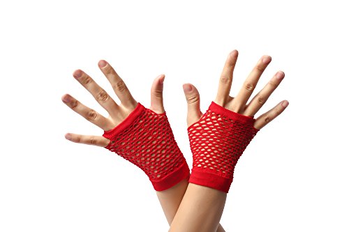 DRESS ME UP - RH-005-red Guanti Guanti a Rete Rosso Senza Dita Rete Corti Anni 80 Punk Rock Wave Gotico Emo