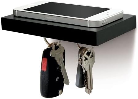 ILOVEHANDLESPlank Floating Cell Phone Wall Mounted Wood Shelf with Magnetic Keyhook, Solid Black,3362639