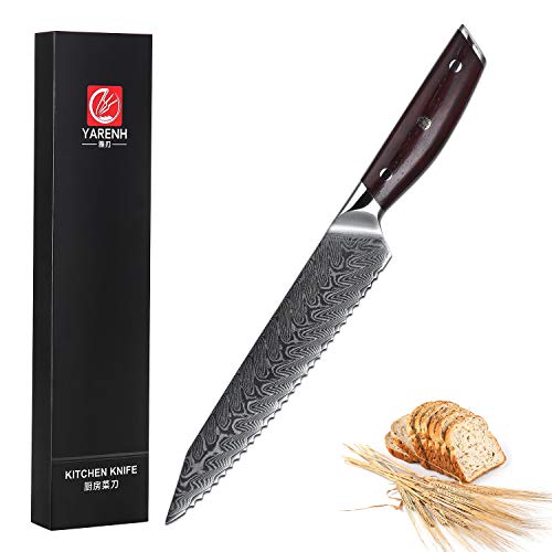 YARENH Cuchillo Pan 20 cm - Cuchillos de Cocina Profesionales de Acero de Japonés Damasco & Mango de Madera Dalbergia,Cuchillo Cocina Profesional KTF-Serie