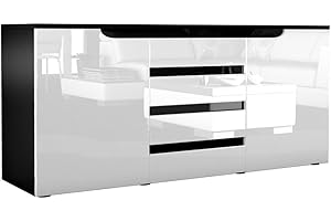 ‎VLADON Vladon Sideboard Kommode Sylt V1, Korpus in Schwarz matt/Front in Weiß Hochglanz mit Absetzungen in Schwarz Hochglanz (139 x 72 x 35)