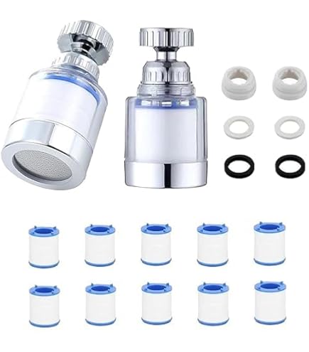 2 Pièces Filtres De Robinet, 360 ° Pivotant Filtre Eau Robinet, Avec 6 éléments Filtrants En Coton PP, Embout Détartrant, Pour Cuisine, Salle De Bain, évier