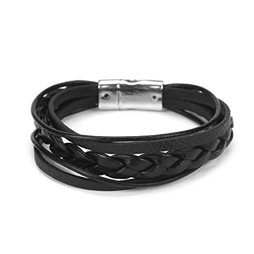 Beyond Dreams Mehrreihiges Leder-Armband mit Magnet-Verschluss schwarz – 21.5 cm Länge – Lederband mit geflochtenem Element – modisches Accessoire für Damen und Herren