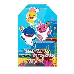 WoW Party Studio Personalized Shark Cartoon Theme Happy Birthday Party Decorations Return Gift Thank You Tags with Birthday Boy/Girl Name Printed - 24Pcs