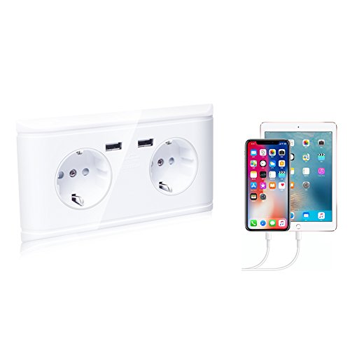 Doppia Presa Schuko Con 2 x USB, il carico di tutti i dispositivi iPod iPhone iPad Smartphone MP3 e Si Inserisce In Doppia Presa Da Incasso