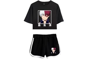 LKY STAR My Hero Academia T-Shirts und Kurze Hose Set Anime MHA Cosplay Deku Shoto Crop Top und Shorts 2pcs für Damen Mädchen
