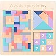 Smoneo Montessori Educational 3-in-1 Tangrams, Tetris and Math Calculation Pattern Wooden Blocks Puzzle Sorter Learning Kids Toddler Children's Toy Ages 3+