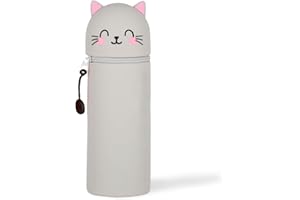 GDFJBG Trousse Ecole 2 en1 en Silicone Souple - Trousse Silicone Verticale, Kawaii Panda Trousse Porte-Stylo de Table,Porte-Plume, Fermeture Eclair en Silicone, Crayons, Marqueurs (Chat Gris)