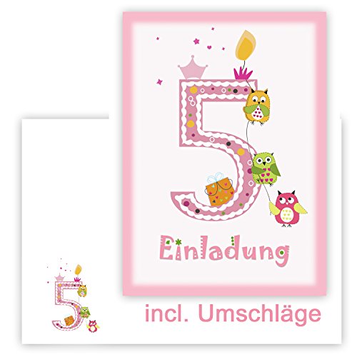 Einladungskarten Kindergeburtstag zum 5. Geburtstag in rosa mit Eulen, incl. passender Umschläge