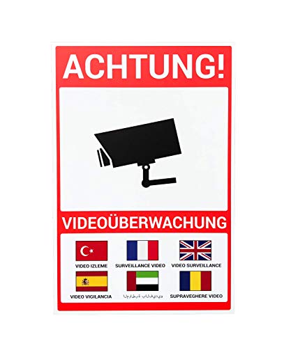 Preisvergleich Produktbild Achtung Videoüberwachung Schild / Hinweisschild / Warnschild / Videoüberwachung / Mehrsprachig / Immobilie / Grundstück / Privatbesitz / Alu-Verbundplatte / (60 x 40 cm)