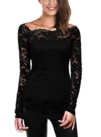 DJT Women Sexy Off Shoulder Floral Lace Long Sleeves Tunic