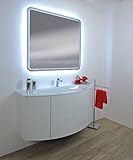 Estructura del mueble en madera color blanco fresno, grosor puertas y cestoni 18 mm, apertura y cierre con sistema push. Altura cestoni 27 cm. Ancho 65 cm aprox. laghezza puertas 28 cm. Amplio top-lavabo en cristal blanco extra light, SP. 15 mm. Profundidad bañera 13,5 cm aprox.