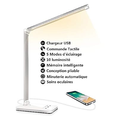 SLATOR Lampe de Bureau LED,Dimmable 5 Modes de Couleur 10 Niveaux de Luminosité, Flexible Contrôle Tactile Protection des Yeux Lampe de Table,Avec Port USB et Fonction Minuterie Lampe de Lecture