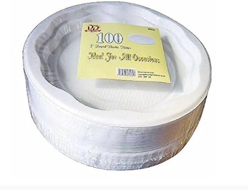 100 Pcs Disposable White Round Plastic Plates 7'' (18cm) Party Cake Food Dessert Serving Dishes Home Garden Catering Buffet Birthday Dinner Event Wedding Picnic Travel Tableware BBQ