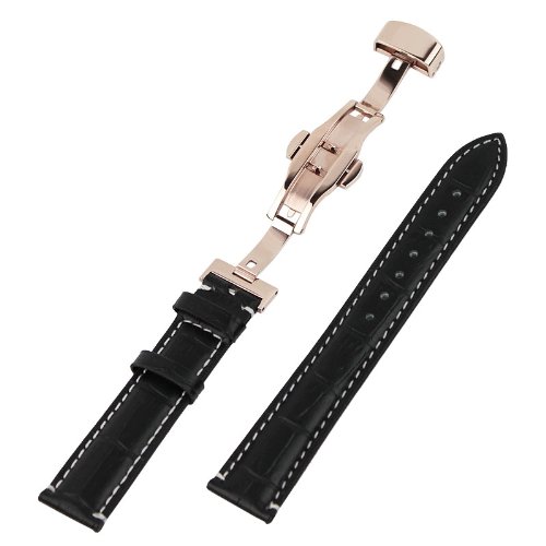 Ritche Krokodil 18 mm Uhrenarmband Leder Band Rose Gold Verschluss Einsatz Kontrastnhten, Schwarz Ritche Krokodil 18 mm Uhrenarmband Leder Band Rose Gold Verschluss Einsatz Kontrastnhten, Schwarz