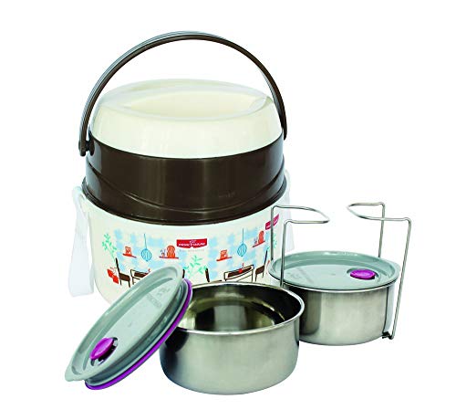 Princeware Leak Proof Insulated Tiffin Plastic Lunch Boxes, 340ml, 2-Pieces, Brown