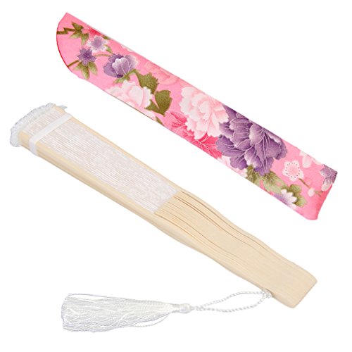 MagiDeal Retro Spitzen Faltfächer Fächer Handfächer Weiß+Chinesische Seide Schutzbeutel Tasche Rosa