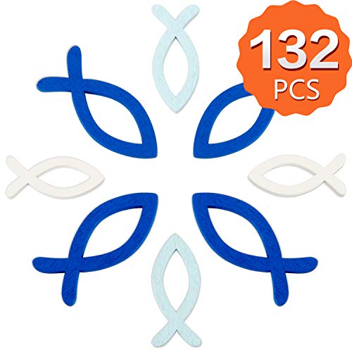 Upchase 132 Stücke Fische Streudeko,Taufe deko Fische Kommunion,Holz Deko Fische,Taufe Deko,Tischdeko FischTaufe Junge-mdchen,Konfirmation Fische Holz (Weiß & blau)