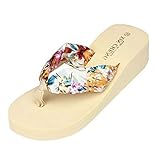 Yvelands Damen Böhmen Floral Strand Sandalen Wedges Plattform Thongs Hausschuhe Flip Flops(Beige,36)