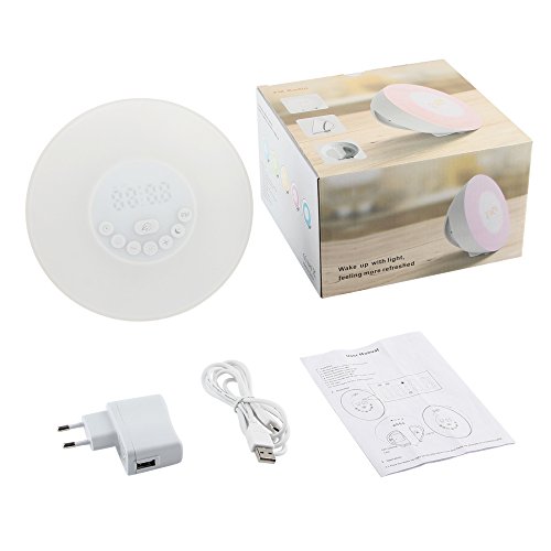 Beawelle D02 Wake-Up Light mit Sonnenaufgangsfunktion in 10 Farbstufen inkl. digitalem FM Radio, 6 natürlichen Wecktöne, 7 Farben - 7