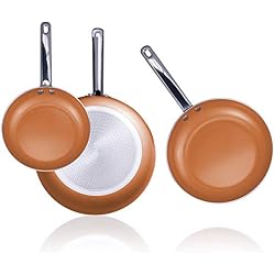 Incroyable lot de 3 poêles avec revêtement en cuivre et céramique ultra résistante anti-rayures avec poignées en acier - 100% antiadhésif naturel bio - 20/24/28 cm - Utilisable également au four SC3