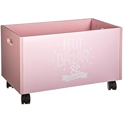 Atmosphera Coffre de Rangement en Bois et à roulettes pour Enfants - Coloris Rose et Blanc