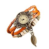 Deloito Damen Braun Retro Weben Wickeln Armreif Uhren Perlenblatt Baumeln Armband Uhr Quarz Armbanduhren (Orange)
