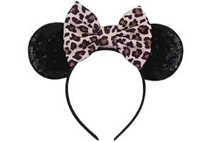 EGSHUFU Mouse Ears Headband, Mouse Ears Gift for Women Girls, Sequin Bow Headband Role Play Accessories Party Decorations(Leopard)