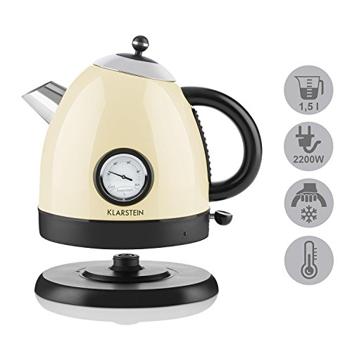 Klarstein • Aquavita • Wasserkocher • Teekocher • Retro Teekessel Design • 1,5 Liter • 2200 Watt • kabellos • Vintage Temperatur-Anzeige • Cool-Touch-Griff • Basisstation mit Kabelaufwicklung • geringe Standfläche• Trockengeh- / Überhitzungsschutz • creme - 4