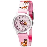 JOBO Kinder Armbanduhr Pferde rosa pink Aluminium Kinderuhr Pferdeuhr Mädchenuhr