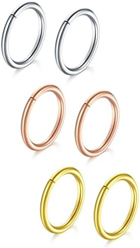 VF VFUN Nose Rings, 6 Pieces Cartilage Earrings Hoop Nose Rings Septum Helix Tragus Endless Gold Rose Gold Stainless Tiny Piercing 18 Gauge 8mm