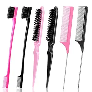 6 Pieces Teasing Brush Set Includes Dual Edge Brush, Comb Bristle Hair Brush Hairline Brush And Rat Tail Comb With Stainless Steel Long Tail Soft Glossy Teasing Brush For Hair Stylist Women