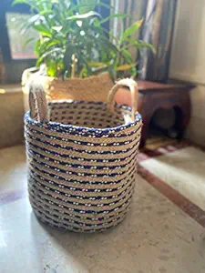 Party Stuff Handcrafted Woven Floral Pot Bag Natural Jute & Cotton Plant Bag for All Plants Home Room Hall Decor Indoor Outdoor Office Plant Sack in Storage Basket (Blue, 10x10x10 inch, Pack of 1)