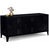 Buffet Bas Industriel Ester - 113 Cm - 3 Portes Métal Noir - Plateau Bois - Meuble TV/Rangement