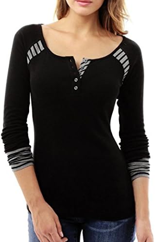 Kangrun Ladies Tops Sexy Long Sleeve Jumper Casual Henley Round Neck Blouse Basic Sport Tops Slim Fit Shirt Lady Striped Printed Sweatshirt Button Decor T-Shirt Women Jumper (Black, XL)