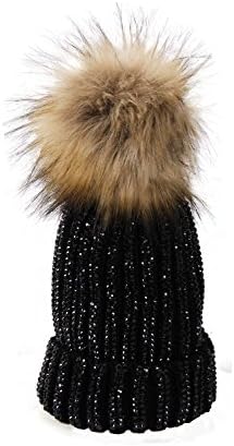 Diamante Diamond Detachable Faux Fur Pom Pom Beanie Winter Hat Celeb (Black/Black)