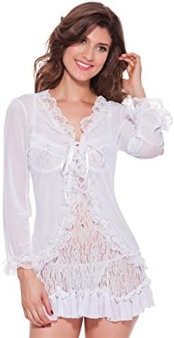 Ailin home European and American Sexy Lingerie Mesh Gown Gathered Chest Lace Strap Set Pajamas (Color : White, Size : XXL)
