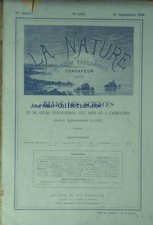 NATURE (LA) [No 1740] du 29/09/1906 - LES HAUTS FOURNEAUX DE LA METALLURGIE MODERNE - BELLET - LES 1ERES MESURES SYSTEMATIQUES DE TEMPERATURES ET DE DENSITES A LA MER - THOULET - INDUSTRIE DE LA PECHE AUX HAWAI - DE MERIEL - LES EOLIENNES EN GASCOGNE - DUFFART - LES HOPITAUX AU DESERT - BOYER - GRAVURE SUR BOIS AU BURIN ET A LA MACHINE - BOUGEOIS - TELEPHONIE AUTOMATIQUE - FOURNIER - CORROSION ET NETTOYAGE D'ANTIQUITES METALLIQUES - GAZ DISOUS DANS LES MINERAUX - LE ENT AU