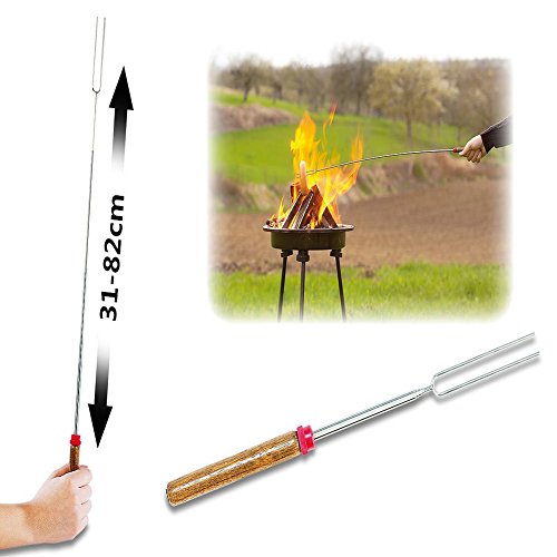 8 x Grillspieße BBQ Spieße Ausziehbar Edelstahl mit Holzgriff Teleskop Grillspieß 31cm-82cm für Bratwurst Würstchen Hot Dog und Marshmallows Lagerfeuer Barbecue Holz Griff Metall Edelstahl Spieße (Farbe) - 6