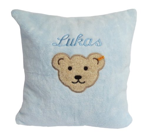 Frottier-Kuschel-Kissen mit Wunsch Namen bestickt hellblau Steiff Collection 40 cm x 40 cm mit Füllung