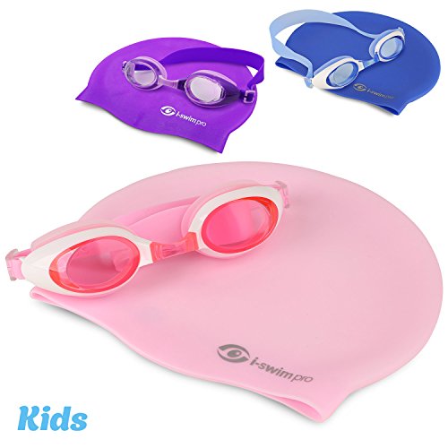 i-swim Pro Kinder-Schwimmbrille und -Badekappe, speziell entwickelt für Kinder mit langer Lebensdauer / Haltbarkeit, wasserdicht, einfach verstellbare Riemen und bequeme Passform